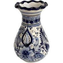 Handmade Calpan Traditional Mexican Talavera Flower Vase, Blue And White - Blue and White - View 1