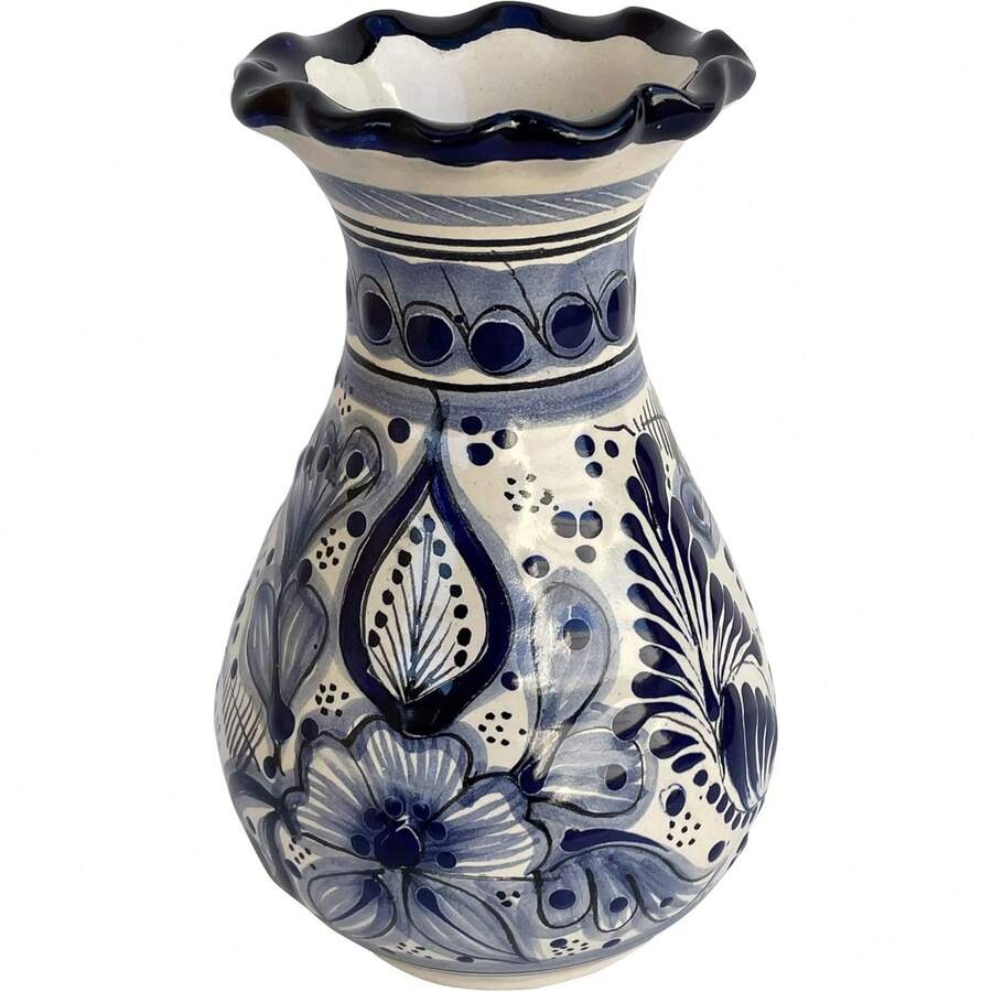 Handmade Calpan Traditional Mexican Talavera Flower Vase, Blue And White - Blue and White - View 1