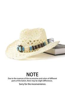 1pc Zirconia Chain Decor Breathable Hollow Out Cowboy Hat, Unisex Fashion Personalized Summer Sun Hat, Suitable For Beach, Vacation, Daily Wear