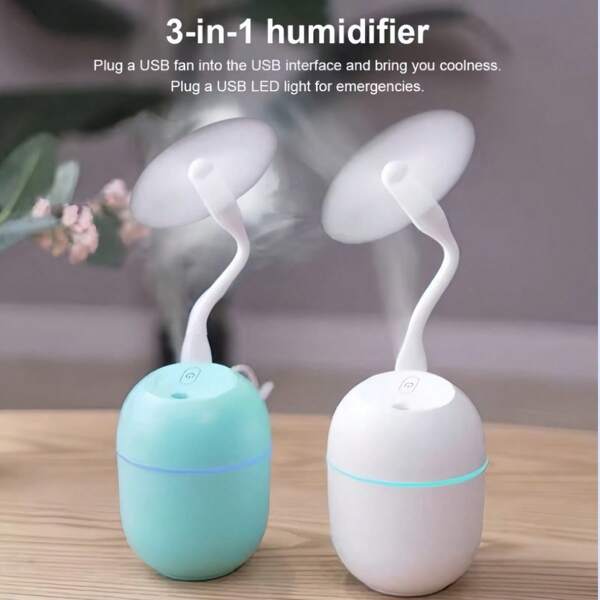 Juego de 2 piezas (humidificador + ventilador USB) que combina, trae una brisa fresca a las personas. Humidificador portátil USB de niebla fría, ventilador pequeño con conexión USB, con 2 modos de niebla, 7 luces de colores y apagado automático. Muy adecuado para viajes, hogar y dormitorio. Aplicable para viajes, hogar, oficina, coche, fiesta, regalo del Día de San Valentín