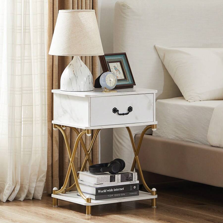VECELO Set Of 2 Industrial Nightstand With X-Design Frame - Drawer End Table For Bedroom Living Room, 23.6" Retro Side Table,White - 白色 - 查看 1