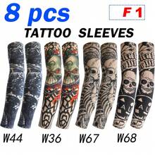 8 件装纹身袖套 - 无缝透气臂套，适合骑行和驾驶 | 防晒降温尼龙面料袖套，覆盖手臂，仿纹身臂套，秋季服装，万圣节装扮，黑色臂套，男士礼物