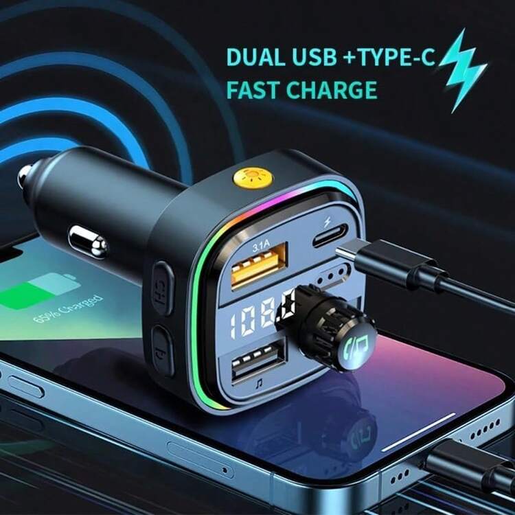 调频发射器 - 蓝牙发射器汽车音响 - 蓝牙调频发射器 - 2 个 USB 端口、1 个 USB C 端口、车载充电器、快速充电汽车配件 - 黑色 - 查看 5