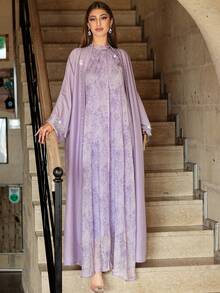 BEAUTY AMINAH [薰衣草色两件套] 阿拉伯风格串珠刺绣长袍开衫 + 挂脖长袍 - 优雅正式派对节日长袍，迷人女装 - 淡紫色 - 查看 2