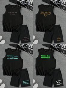 Customized Casual Tank Top & Drawstring Shorts, Men's 2Pcs Set/ Relaxed/ Streetwear/ Sportswear/ Outdoor - Tennis, Golf Style Independence Day/ Labor Day/ St. Patrick's Day/ Nurse's Day/ Women's Day/ Chinese New Year - Black - View 2