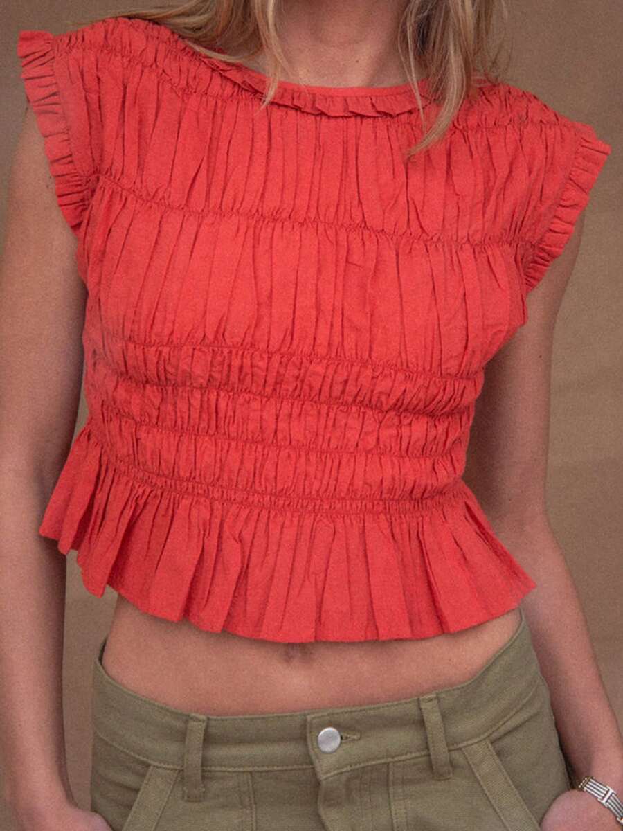 Women Tank Tops Solid Color Ruched Round Neck Casual Vests Summer Sleeveless Blouse Tops Streetwear - Red - View 1