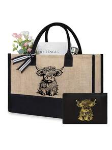 可爱的高地牛主题手提包套装，包括一个手提包和一个黑色零钱包，蝴蝶结豹纹设计高地牛图案，大容量手提包、单肩包、亚麻购物袋、沙滩包；化妆包、指甲油收纳袋