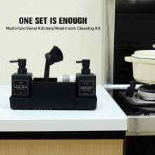 6pcs/Set Kitchen Sink Countertop Organizer Set, Plastic Soap Dispenser With Sponge Holder, Dish Brush, Sponges And Storage Tray, Modern Design For Home Cleaning Bathroom Decor Fall Decor Bathroom Accessories Back To School