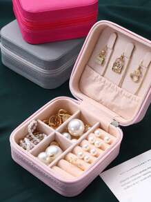 1pc Minimalist Portable Palm-Sized Jewelry Box, European & American Style Ring/Earring Storage Box With Zipper Flip Cover, Travel Accessory Organizer Back To School