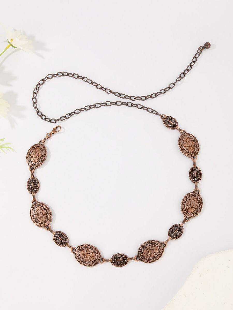 Retro Punk Metal Flower Waist Chain For Women, Vintage Waist Belt, Fashion Waist Decor Chain With Flower, Geometric Pattern, Boho Textured Zinc Alloy Summer Fall, Autumn, Halloween