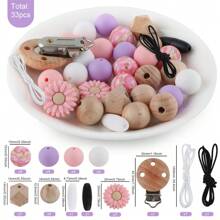 33pcs Silicone Round Bead Printing Round Bead Daisy Wood Clip Round Bead Polyhedral Bead DIY Handmade Bracelet Necklace Plastic Pen String Key Bag Phone Chain Car Decoration Craft Supplies