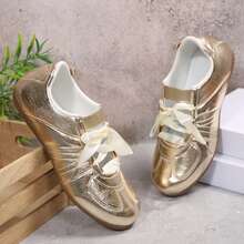 Women's Leather Trainer Shoes With Lace-Up Fashion Sneakers Classic Casual Walking Shoes - 金色 - 查看 3