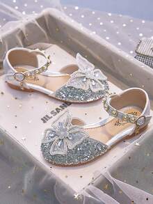 Las niñas lindo rhinestone arco sandalias planas, coreana nueva cabeza redonda zapatos de princesa de los niños, la primavera y el verano antideslizante sandalias zapatillas, apto para deportes, viajes, escuela, parques de atracciones - Plateado - Ver 2