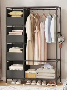 Portable Wardrobe Closet Organizer, Multi-Tier Clothes Storage Rack With Metal Frame And Plastic Shelves, Easy Assemble Movable Bedroom Armoire, Suitable For Living Room, Bedroom, Study, Office, Holiday Gift, Children Gift