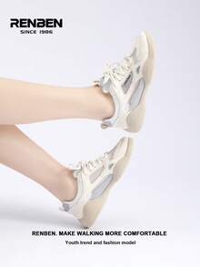 1 par de zapatillas de suela gruesa para mujer Renben con empeine de malla, cierre de cordones frontal, textil gris, de estilo vintage, cómodo diseño de plataforma para uso casual al aire libre en verano, adecuado para usar con faldas y pantalones, un popular modelo de zapato femenino de moda para 2025
