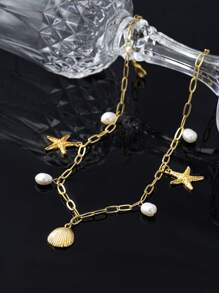 1 peça colar de conchas, estrelas do mar, nó de bambu e pérolas de água doce banhado a ouro 18K, corrente delicada para clavícula com tema marinho criativo