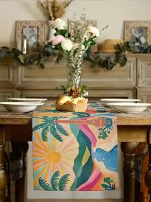 1pc Modern Sunface, Sunflower, Coconut Tree Printed Tablecloth, Kitchen Dining Room Decor, Holiday Decor, Home Gathering Decor, Home Decor, Scene Decor, Outdoor Dining Table, Coffee Table Decor