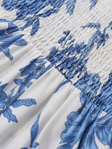 Women's Camisole Print Dress With Waist Gathered Skirt And Knit Cardigan Set, Bohemian Print - Blue and White - View 5