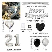 1061pcs Black & Silver Birthday Party Decoration Balloons, 1000pcs Fake Flower Petals, Chrome Silver Latex Balloons, Happy Birthday Banners, Suitable For (16th, 18th, 19th, 20th, 21st, 22nd, 23rd, 24th, 25th, 30th) Men & Women Birthday Decorations, Birthday Party, Anniversary, Room Decor, Valentine's Day, Birthday Celebration