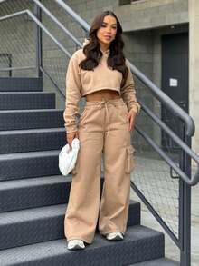 Sweatshirt Set Wide Leg Cargo Pants And Cropped Long Sleeve Winter Fashion Simple Casual Pocket Drawstring Office Home - Beis - Ver 9
