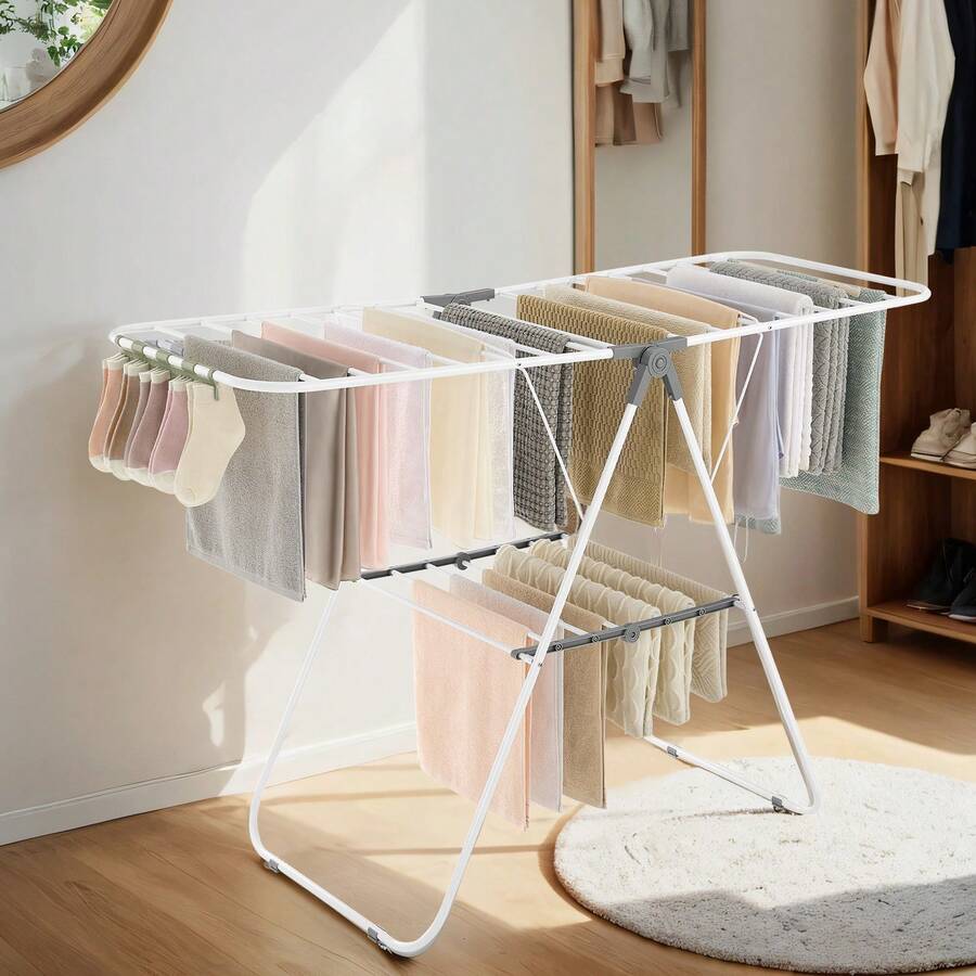 SONGMICS Free-Standing Metal Clothes Drying Rack With Sock Clips Foldable Laundry Drying Rack Space-Saving Design Clothes Dryer - Trắng và xám - Xem 1