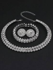 4pcs/Set Luxury Double Row Cubic Zirconia Full Rhinestone Bridal Jewelry Set, Necklace, Earrings, Bracelet, Suitable For Wedding, Party, Prom, Eid Al-Adha - Silver - View 2