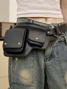 时尚欧美中世纪复古单肩带单肩包男女户外运动可调节拉链扣包朋克摩托风腰包手机包休闲百搭包适合日常户外街拍
