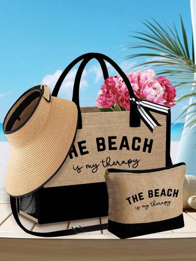 Conjunto de bolso de lona y sombrero de playa para mujer, bolso de hombro de lino con estampado de letras "The Beach" de gran capacidad, bolso y estuche de maquillaje para viajes, accesorios de playa, sombrero de ala ancha color caqui con onda para protección solar, uso diario