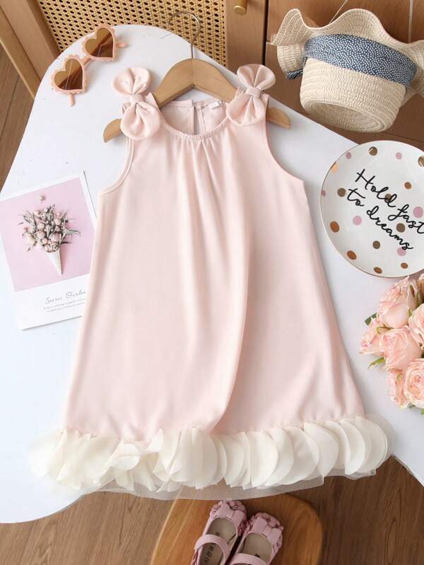 Humor Bear Toddler/Young Girl Sleeveless Bow Decor Princess Ruffle Hem Tank Dress, Summer