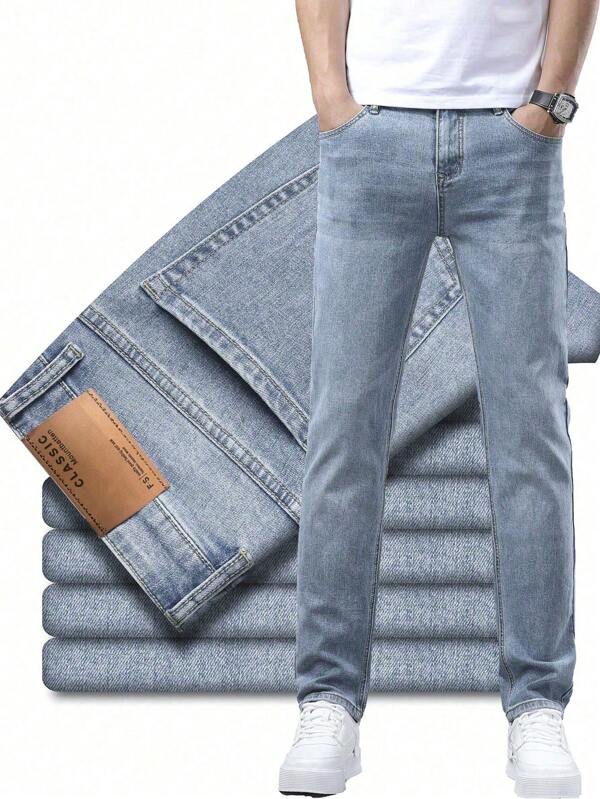 Men's Elastic Straight Leg Denim Jeans With Pockets, Casual Style