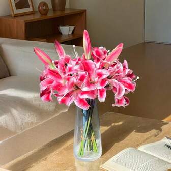 Flower Realm 5 Pcs, 43cm/16.9in Artificial Lily Bouquet|3 Full Bloom + 2 Buds|Faux Lilies For Home Hotel Decor, Party Arrangement, DIY Wedding Bridal Bouquet,Comes With Ribbon.