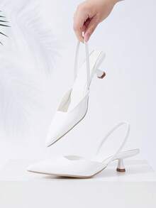 女士纯色亮面漆皮小猫跟鞋，优雅尖头高跟鞋，时尚踝带高跟鞋，正式场合及婚礼派对鞋 - 白色 - 查看 5