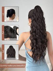 26 Inch Brown Long Natural Wave Claw Ponytail Hair Extensions, Heat Resistant Synthetic Ponytail Wig, Suitable For Women And Girls Daily Wear - Black Brown - View 4