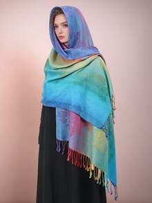 1pc Rainbow Floral Jacquard Tasseled Scarf/Shawl - A - View 3