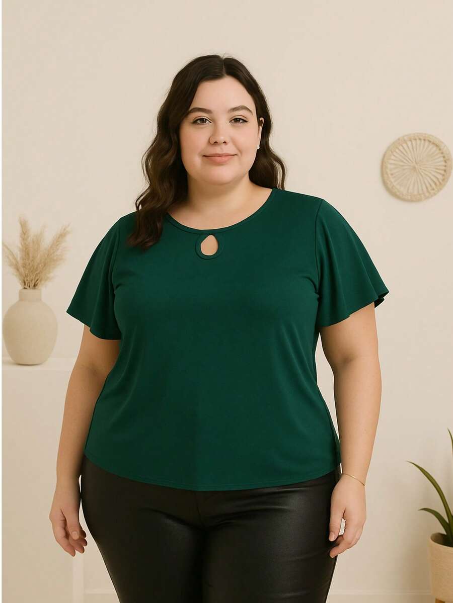 Blusa Feminina Casual Soltinha Mangas Amplas Disfarça Braços Plus Size Elegante - Verde - Visão 1