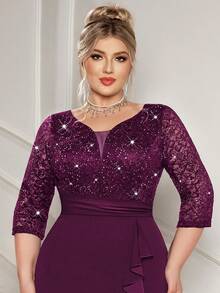 Plus Deep V-Neck Sequin Floral Lace Contrast Ruffle Trim Split Hem Evening Party Bodycon Dress, Semi Formal Wedding Guest Dress, For Birthday, Graduation, Dinner, Homecoming - Màu Tím - Xem 8