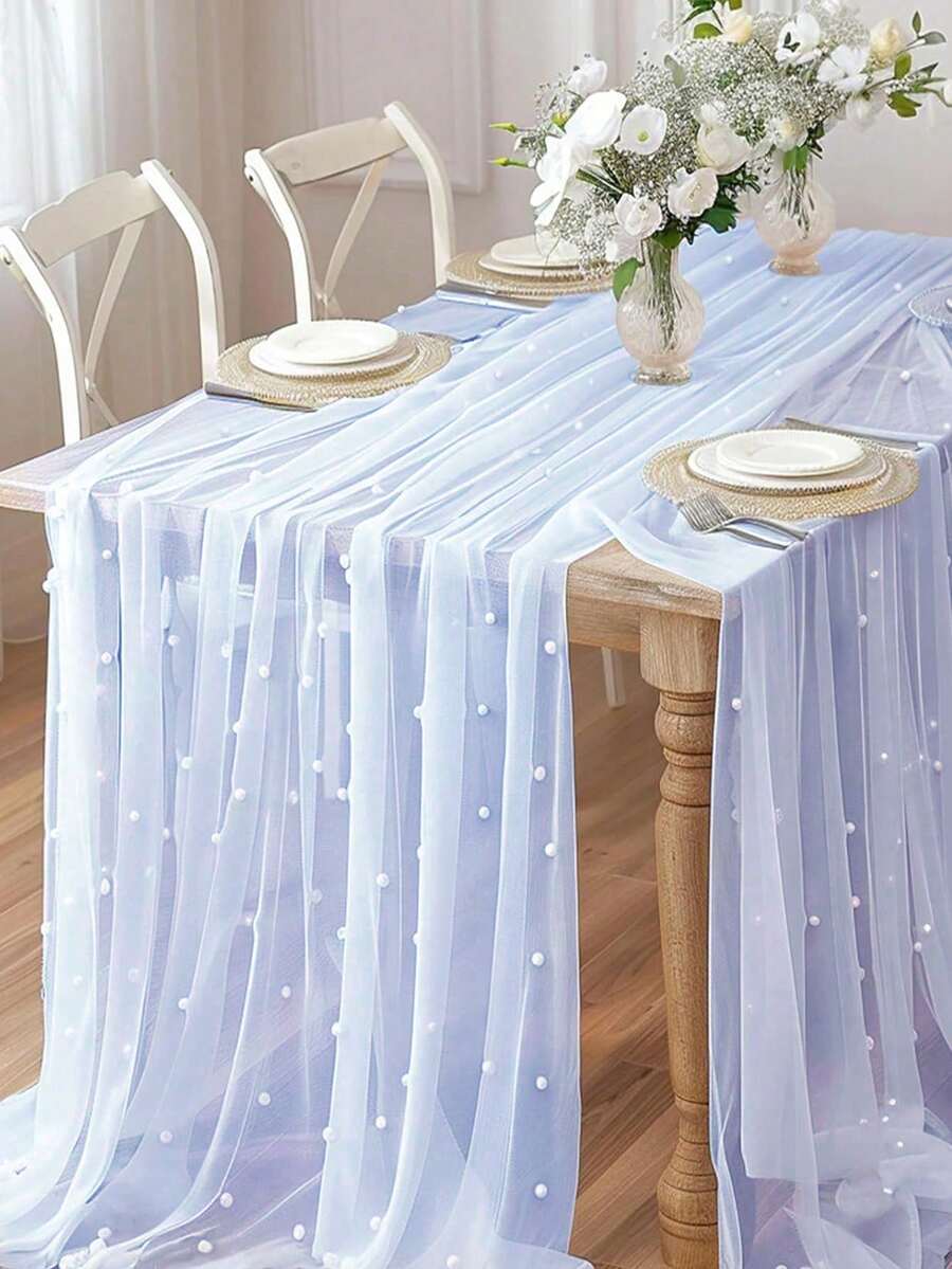 Summer Table Runner Light Blue Gauze Rustic Gauze Cloth Table Runner 39.37 Inch X 62.99 Inch For Wedding Bridal Shower Birthday Party Sheer Home Boho Decorations - Baby Blue - View 1