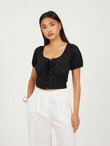 brave soul Broderie Tie Front Shirt - Black - View 3