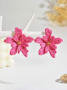 1 par de brincos de ráfia coloridos, versáteis, estilo boêmio, feitos à mão, com 5 pétalas de flor 3D - Brincos de ráfia verde simples e modernos, adequados para mulheres, uso diário, férias e festas