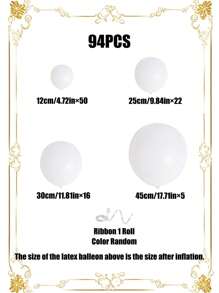 94 pièces/set Ballons en latex blanc mat de 5", 10", 12", 18" avec rubans, convient pour mariage, fiançailles, anniversaire, enterrement de vie de garçon, décoration de fête à thème, fête d'anniversaire
