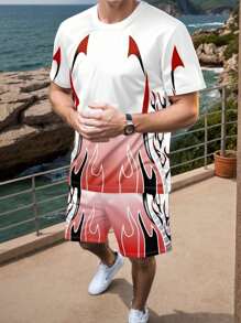 Men 2pcs/Set Ombre Flame Printed Short Sleeve T-Shirt And Shorts Set