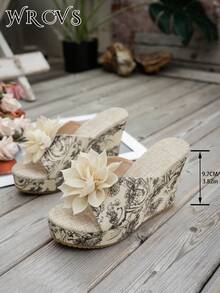 WRCVS Women's Beige Wedge Sandals With Random Floral Prints, Platform Thick Sole, Straw Rope Bottom, Elegant Strap Summer Holiday Comfort Increased Height Sunflower Beach Shoes - Beige - View 6