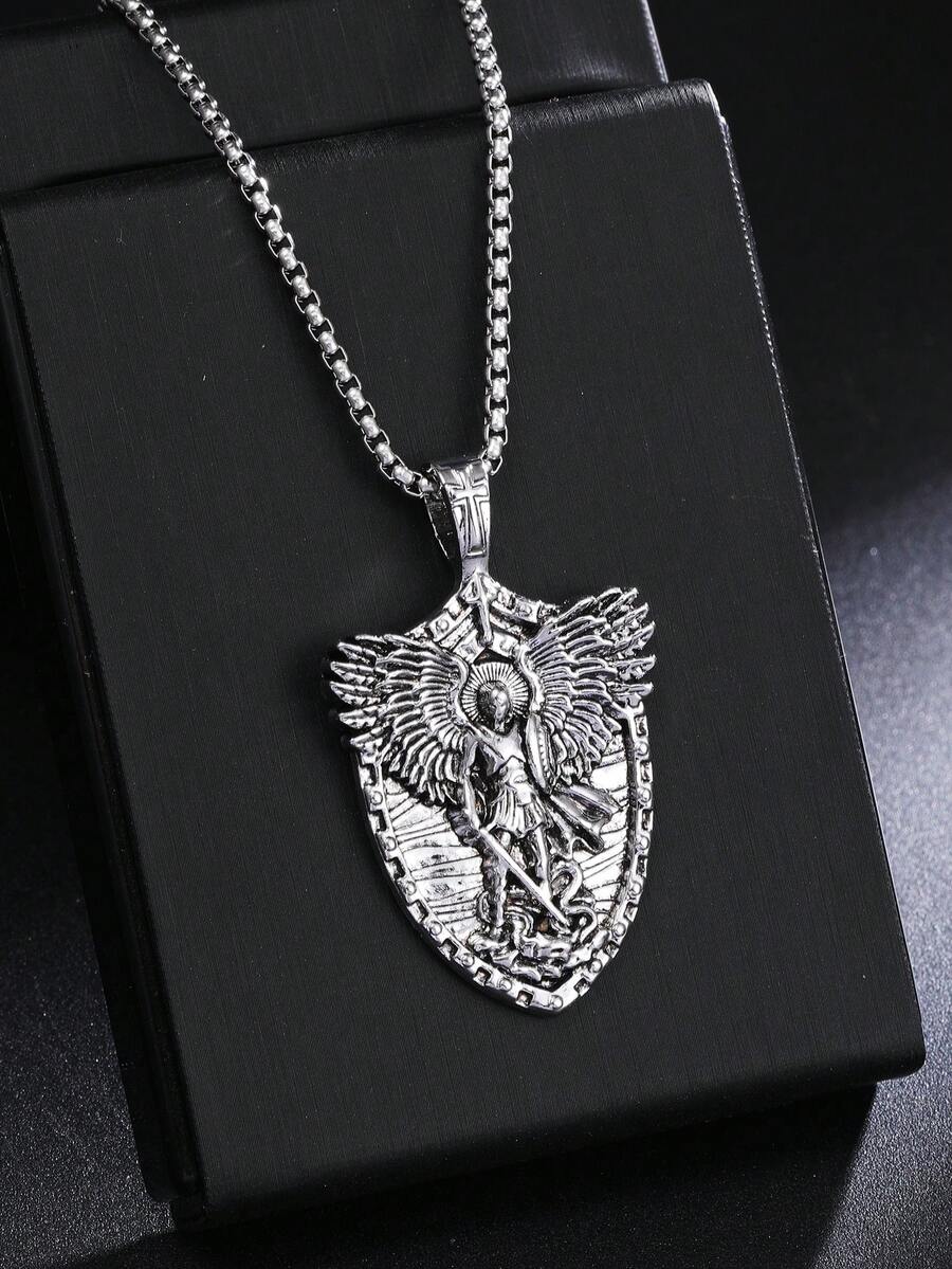 1pc Men's Stainless Steel Vintage Style Saint Michael Sword Shield Pendant Necklace, European & American Titanium Steel Angel Necklace Jewelry, Suitable For Daily Wear