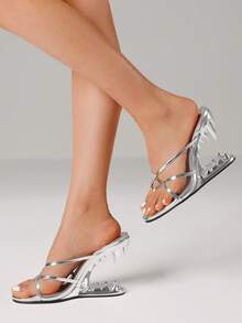 Women's Wedge  Sandals  Round Open Toe Heels  Metallic Shark Tiger Teeth Heeled Sandals Slingback Slip On Thong Heeled Slides Sandals Summer Elegant Outfit  - 銀色 - 查看 5