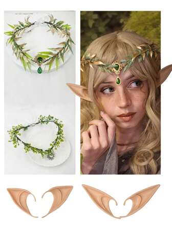Halloween Costume Accessories Set: Costume Headpiece, Halloween Elf Ears, Cosplay Props, Elf Ears, Vampire, Fairy Fake Ears, Baroque Vintage Elf Headpiece, Mori Style Golden Leaf Bindi, Hanging Flower Headband