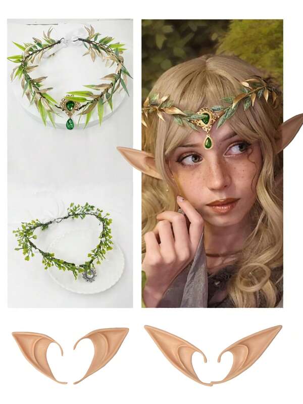 Halloween Costume Accessories Set: Headwear, Ears, Vampire/Fairy Fake Ears, Baroque Retro Headpiece, Gold Forest Leaf Brow Headband