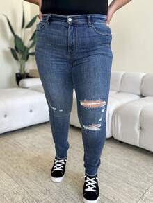 Women's Casual Jeans High-Waisted Ripped Skinny Denim Pants Washed Dark Blue Denim With Distressed Details Full Length Button And Zipper Closure Stretch Fit For Casual Everyday Wear - 深色水洗藍 - 查看 1