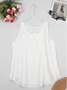 Plus 女士蕾丝镂空拼接后背无袖优雅背心 - 白色 - 查看 2