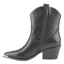 BELOVELY[EVERYWHERE-5]Western Cowgirl Ankle Leather Boots With Metal Pointed Toe Chunky Low Heel Side Zipper Pull-On Boots - màu đen - Xem 5