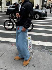 Men's Light Blue Washed Jeans, New Vintage Street Style Loose Fit Straight Leg Casual Pants - Màu xanh lam - Xem 2